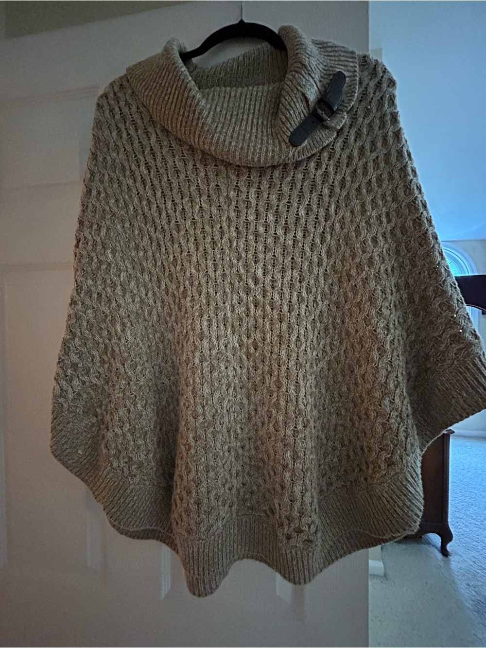 Tribal Taupe Cable-Knit Poncho with Buckle Collar